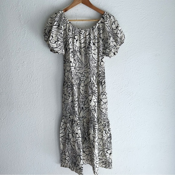 Brixton Indo Linen Swing Tiered Midi Dress Floral Sz Small Ivory - Picture 4 of 7